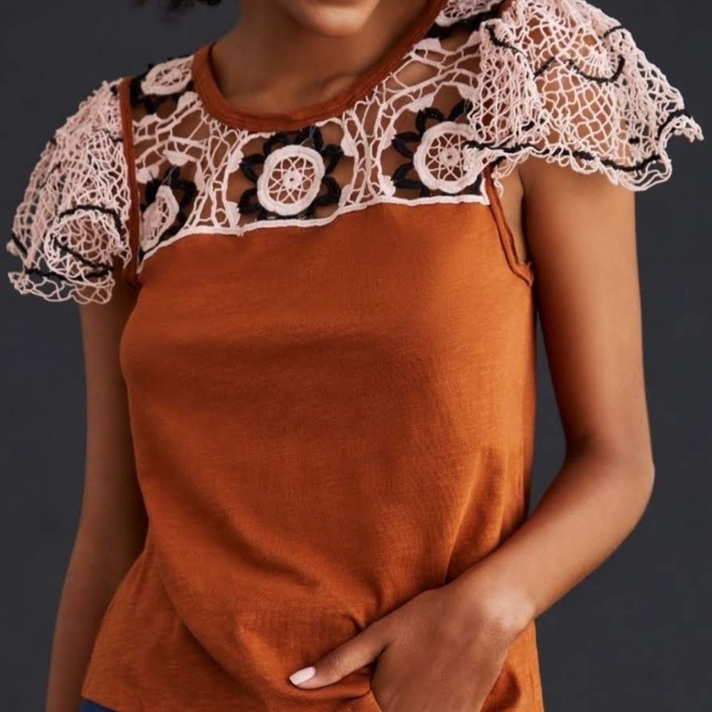 Anthropologie Cedar Brown Crochet Flutter Sleeve Top